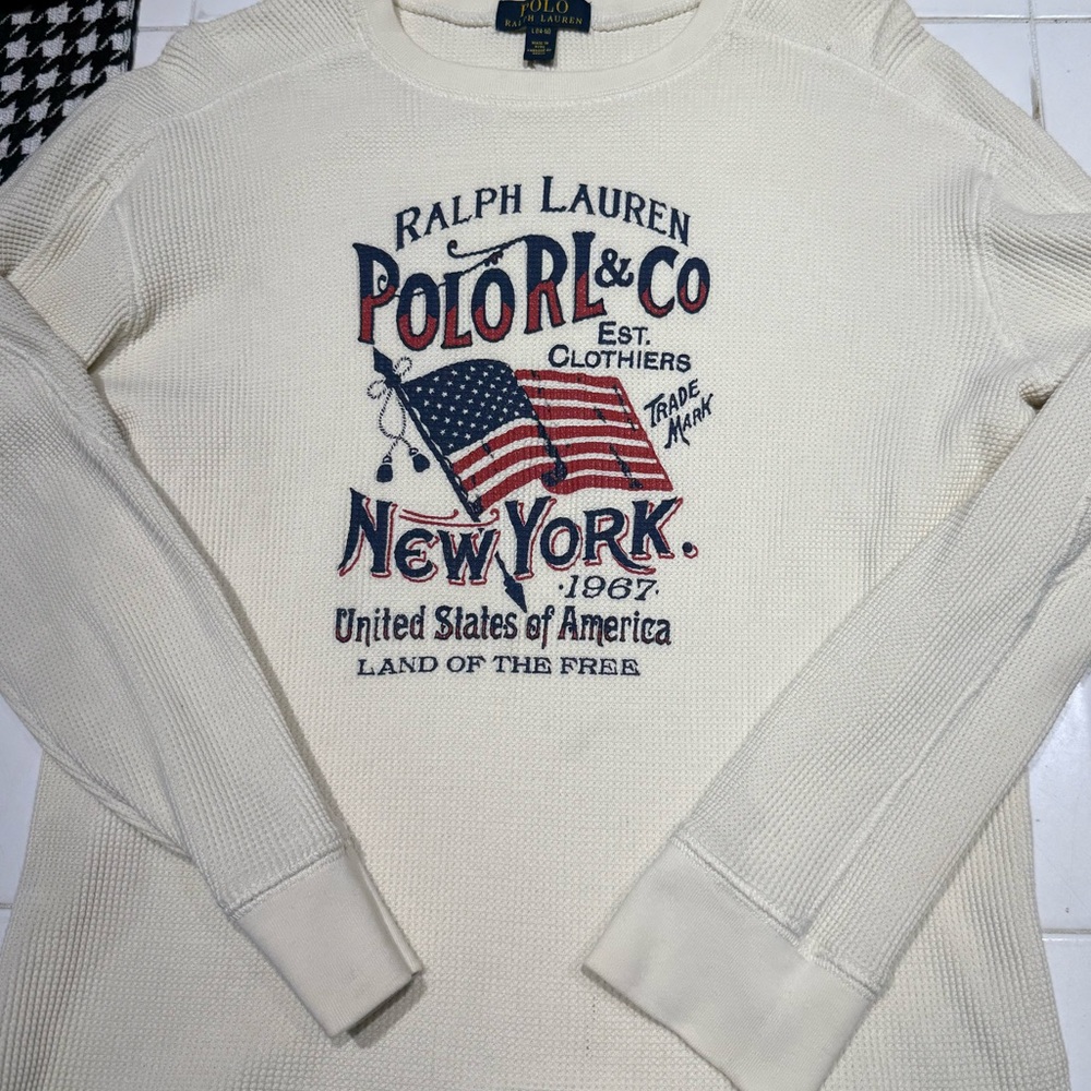 Ralph Lauren Cream Polo Graphic Waffle long sleeve Shirt